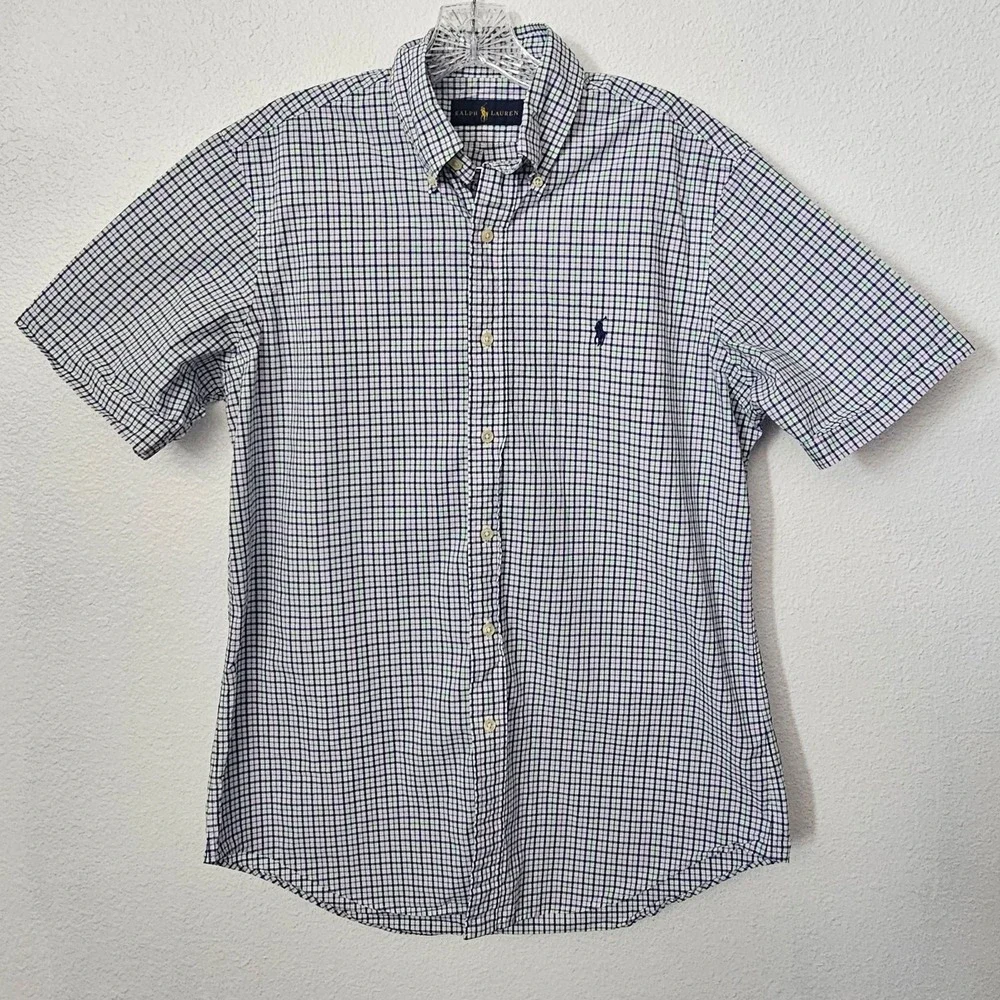 Ralph Lauren Men's Short Sleeve Green Blue and White Plaid Polo Size Medium